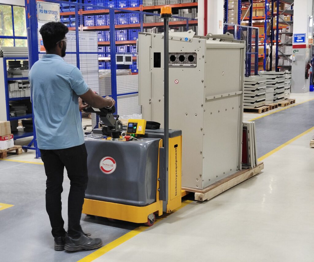 an operator is operating the battery operated pallet truck